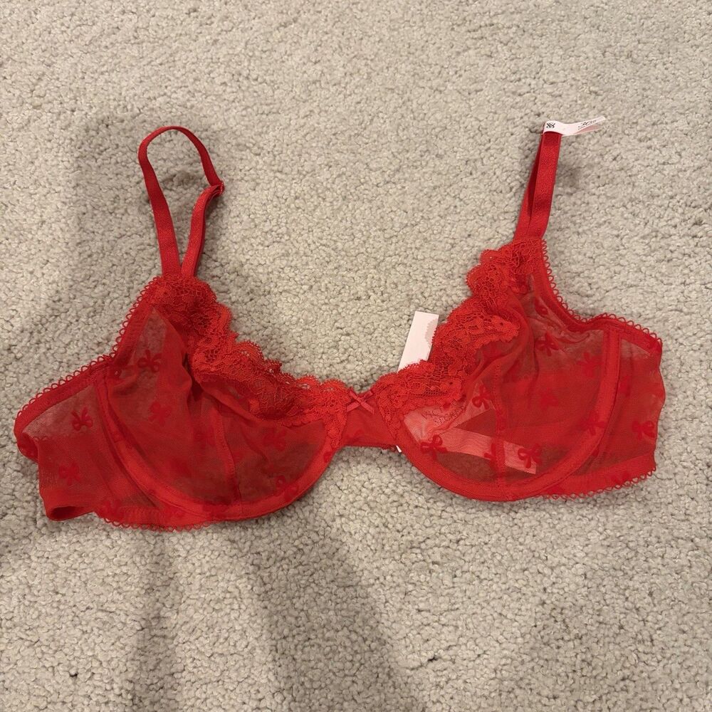 NWT Victoria's Secret Tease Lace-Trim Red Bow Embroidered Unlined Demi Bra 36B